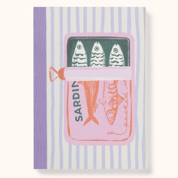 Textured cover with art of an open sardine tin, the tin is pink and orange with aqua green sardines on a purple and white striped background